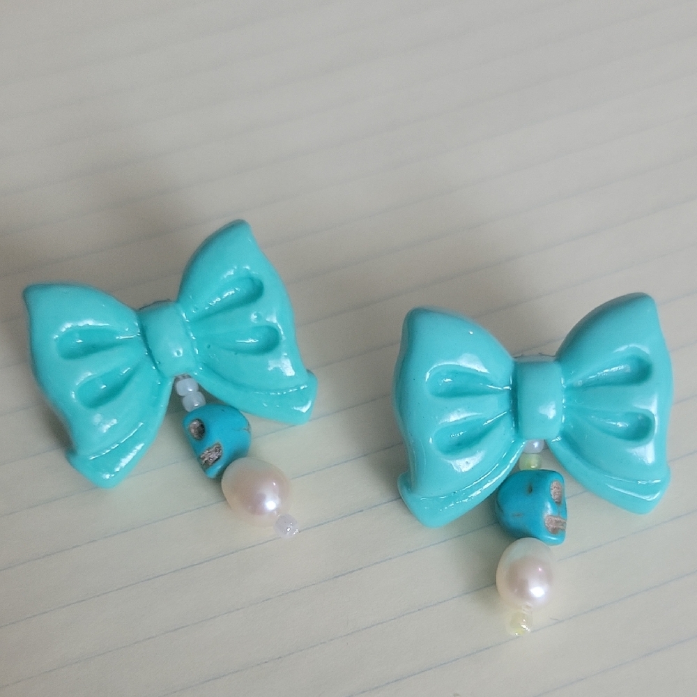 Cute Turquoise Bow Kids Earrings with Pearl Charm